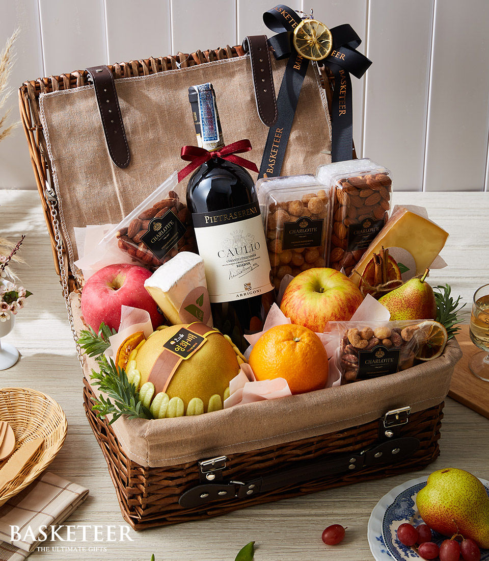 Italian Elegance Wine With Cheese & Fruit Basket