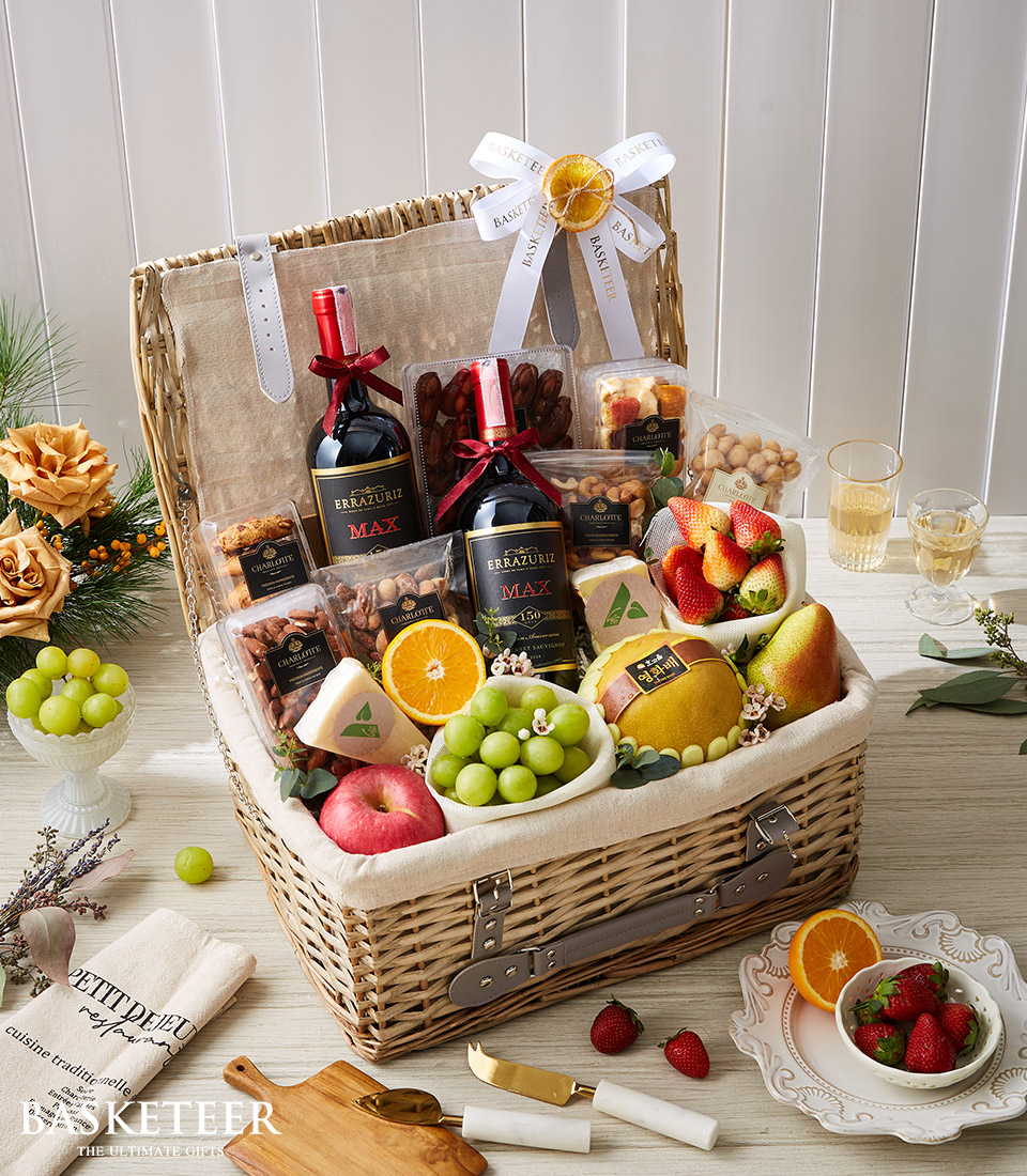 Indulge in the perfect pairing of wine, cheese, and gourmet treats with our Cheese & Fruit Wine Duo Hamper. This exquisite gift set includes a carefully curated selection of fine wine, artisanal cheeses, fresh fruits, and gourmet accompaniments. Ideal for wine and cheese enthusiasts or anyone who appreciates the finer things in life. Order now and elevate your gifting experience!