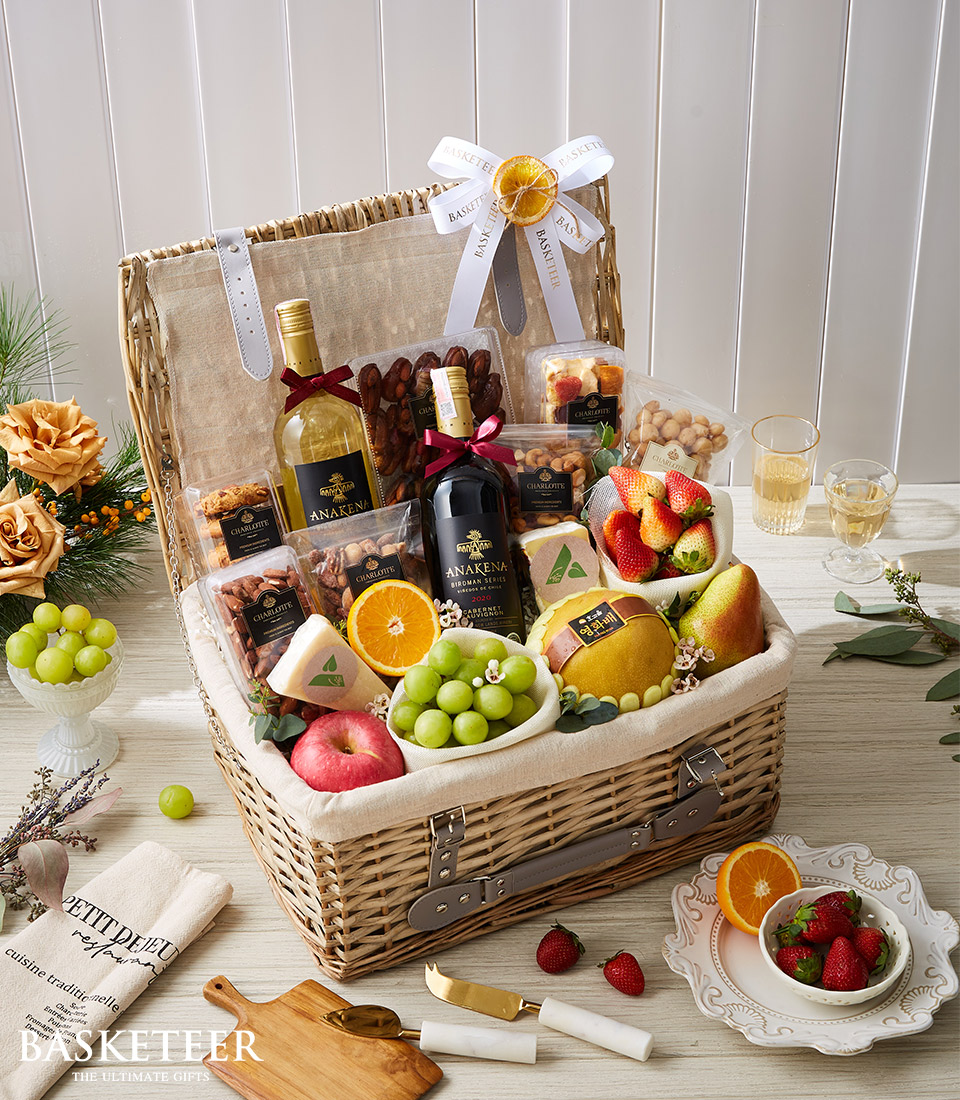 Double The Flavor Wine With Fruits And Cheese Basket