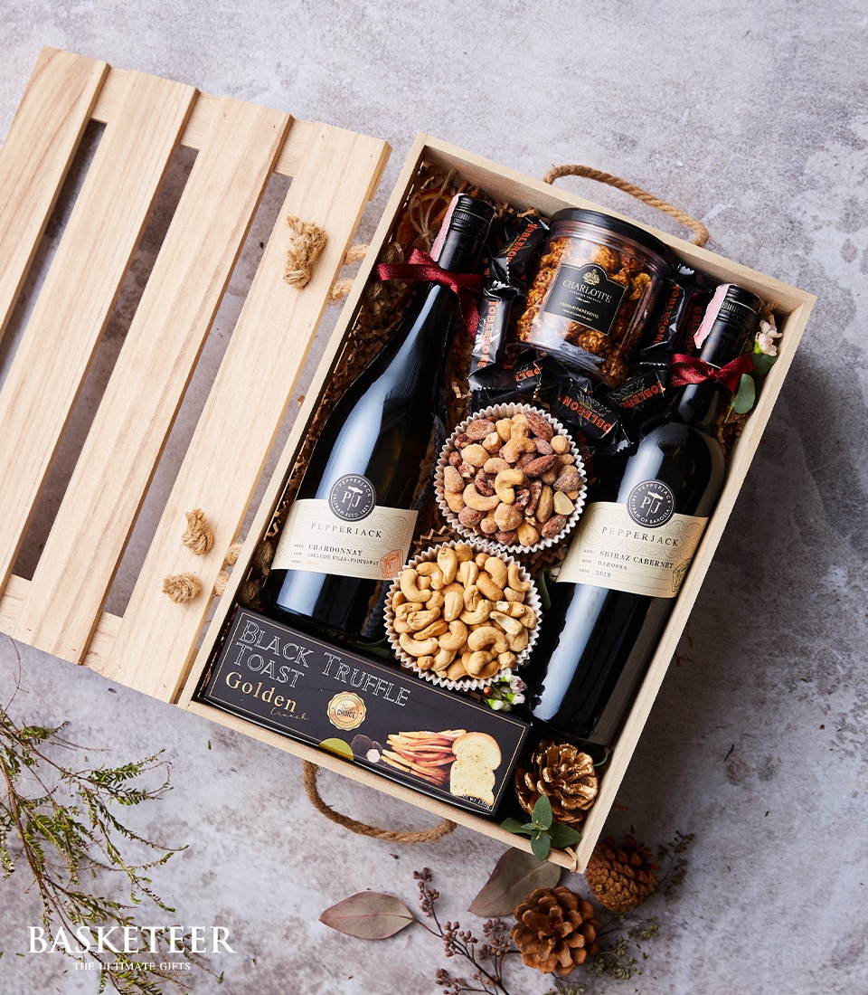 Duo Wine and Nuts in a Wooden Box