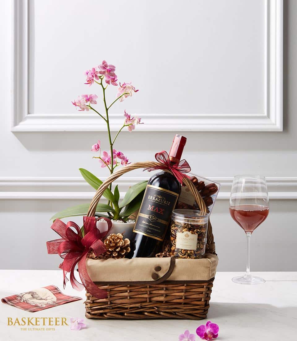 Wine And Orchid Gift Basket