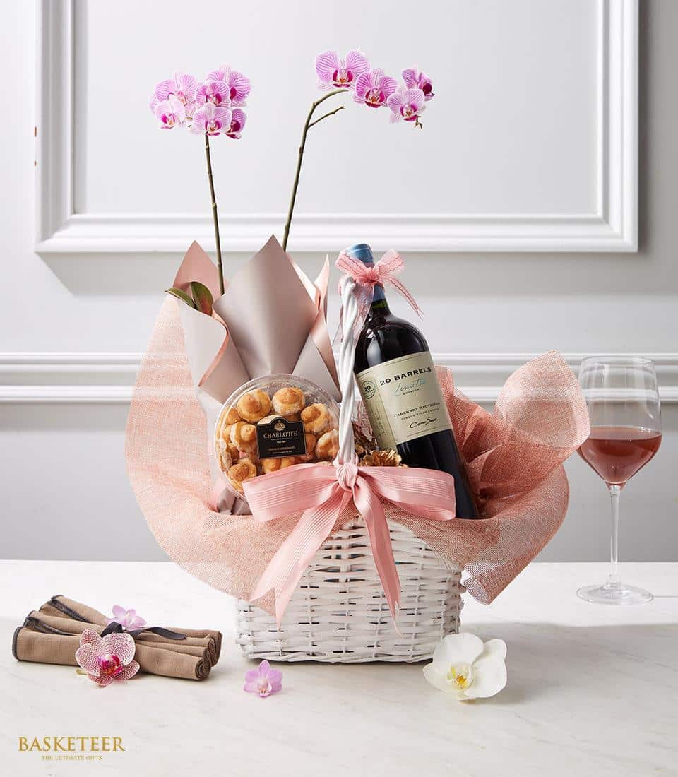 Wine & Orchid Gift Basket