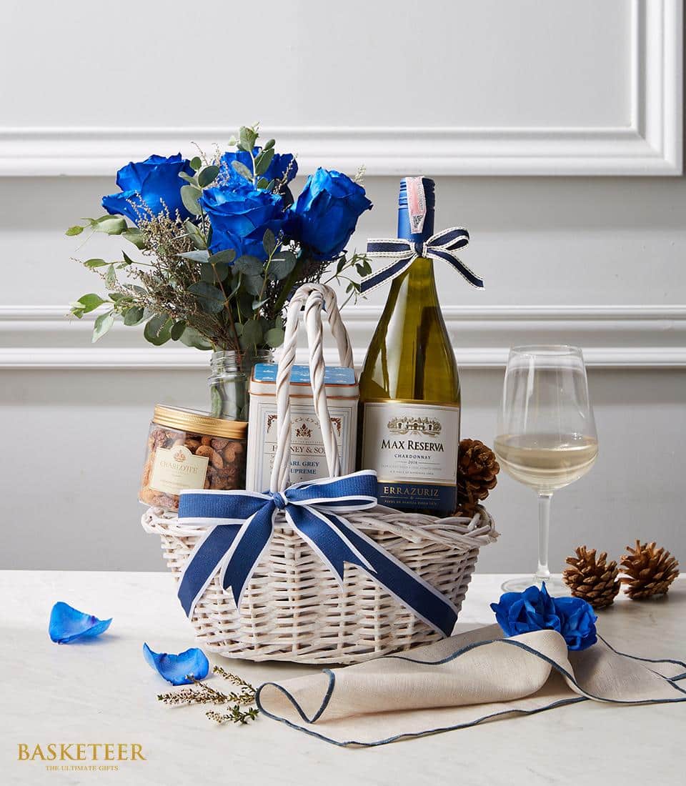 Wine With Nuts And Blue Roses Import Gift Basket