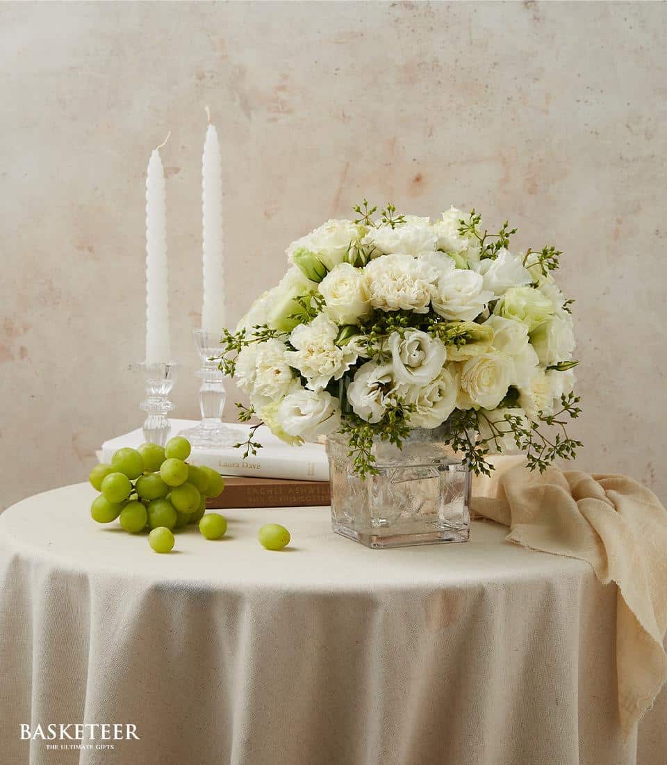 White Tone Flowers In Vase, Flowers In Vase, English Style.