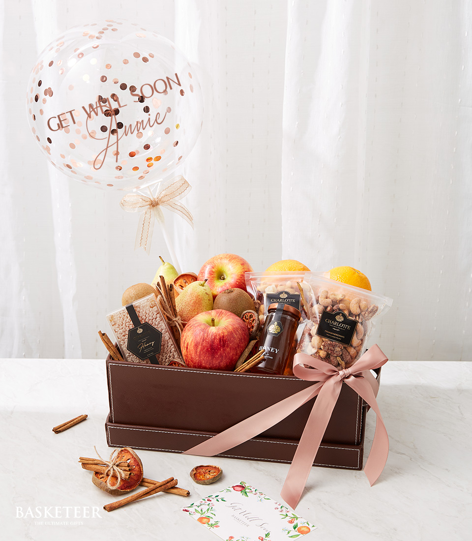 Cuddle & Munch: Fresh Fruits, Honey & Balloon Basket
