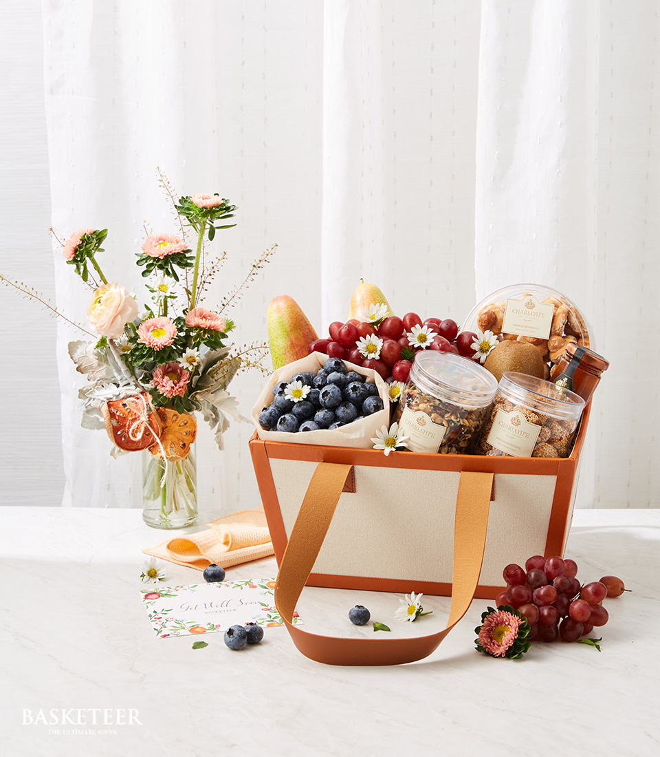 Fresh Fruits And Cookies In The White with Brown Edges Fashion Box Bag With A Small Flowers Vase
