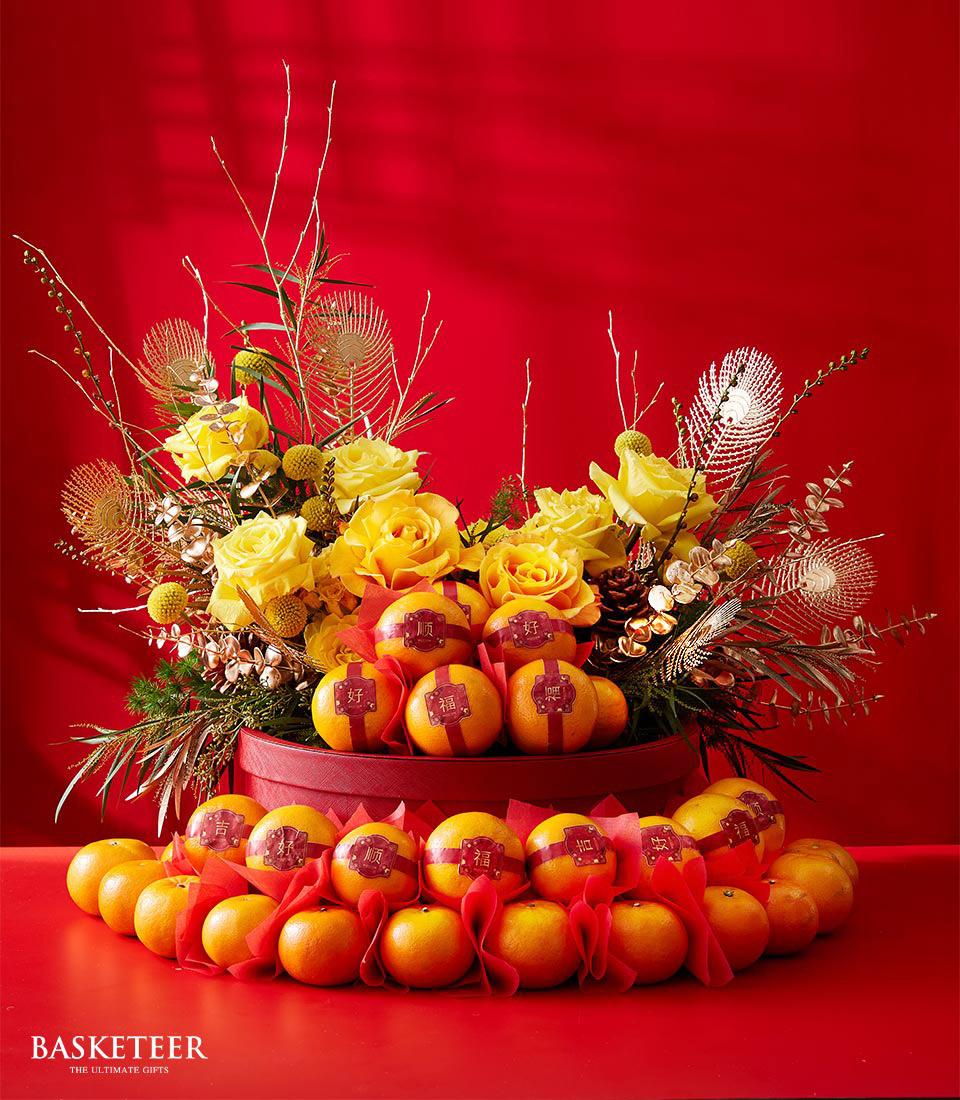 Import Yellow Roses With Mandarin Orange In The Red Box, Chinese New Year