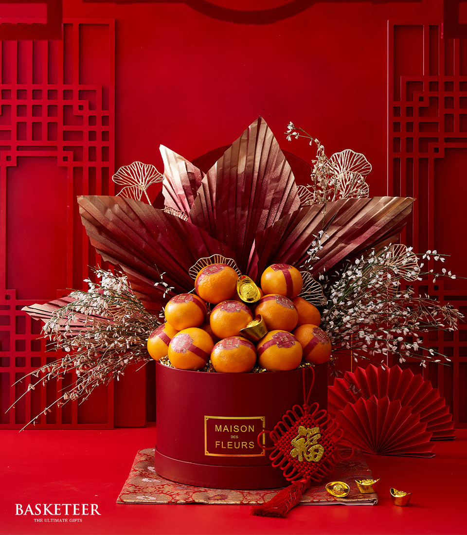 Mandarin Orange With Flowers Decoration In The Red Box, Chinese New Year Gift