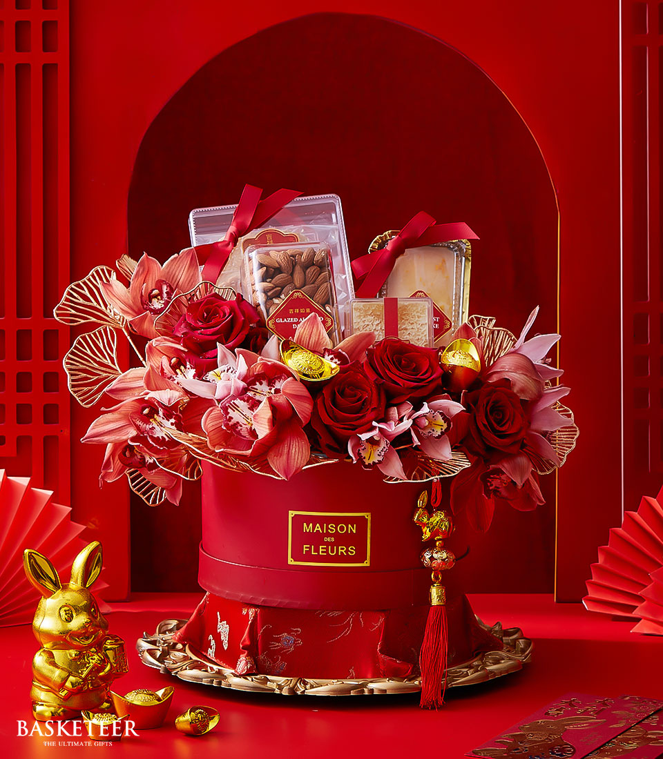 Sesame Butter Cookies, Almond, Honey, Orange Zest Pound Cake With Import Roses In The Red Box, Chinese New Year Gift