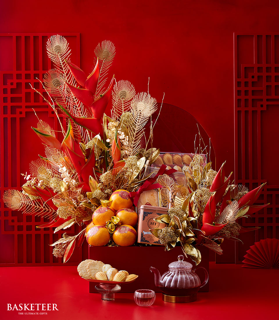 Mandarin Orange, Orange Zest Pound Cake, Cookies, Tea With Flowers Decoration In The Red Box, Chinese New Year Gift