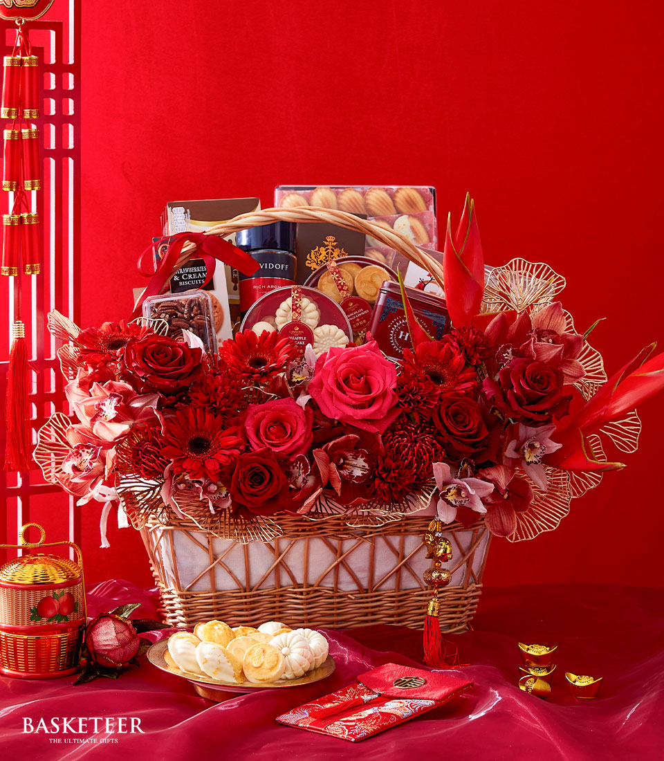 Pineapple Cake , Chocolate, Cookies, Tea And Many Others With Red Flowers In The Basket, Chinese New Year Gift