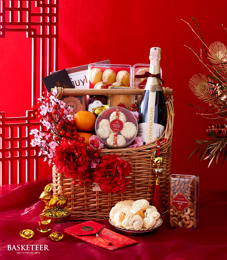 Wine, Dark Chocolate, Cookies, Pineapple Cake, Madeleine, Tea and many With Flowers Decoration Gift In The Basket, Chinese New Year Gift