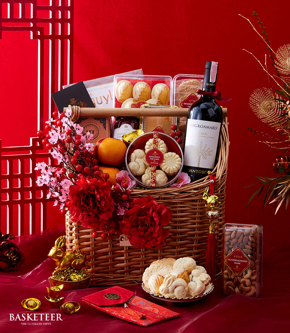 Wine, Dark Chocolate, Cookies, Pineapple Cake, Madeleine, Tea and many With Flowers Decoration Gift In The Basket, Chinese New Year Gift