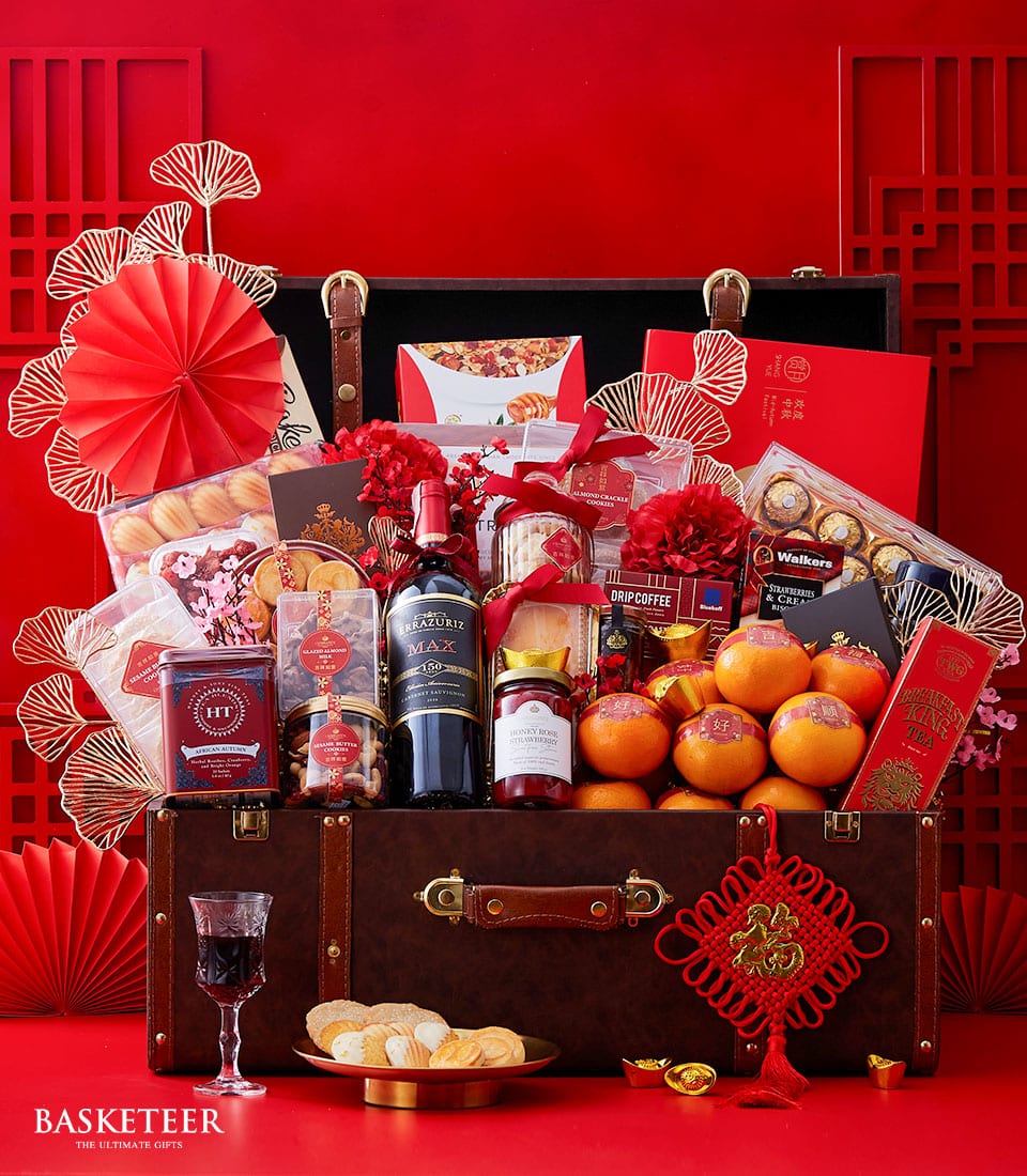 Wine, Mandarin Orange, Cookies, Tea and Many Treats Delicious Chinese New Year In The Brown Leather Gift Chest