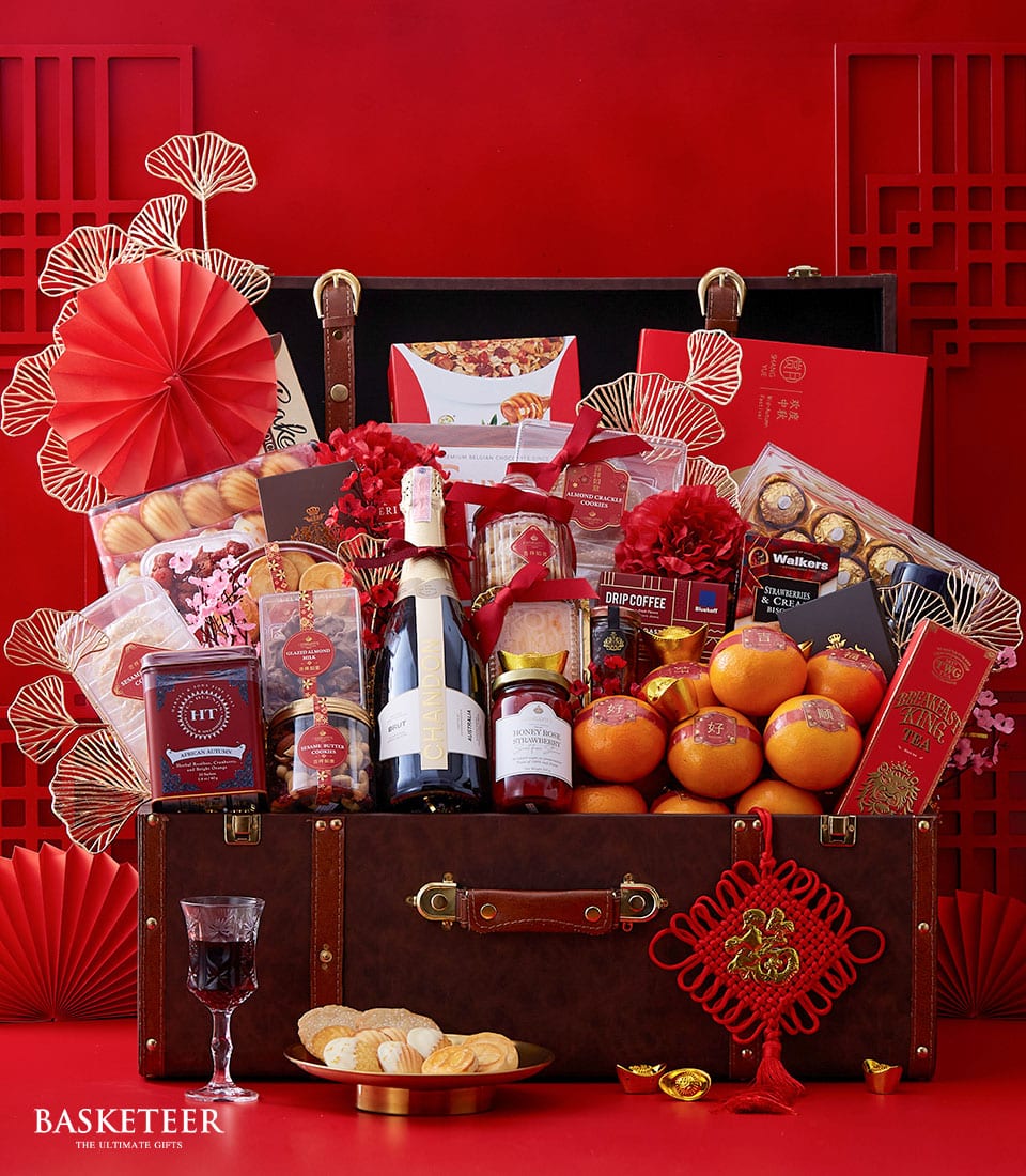 Wine, Mandarin Orange, Cookies, Tea and Many Treats Delicious Chinese New Year In The Brown Leather Gift Chest