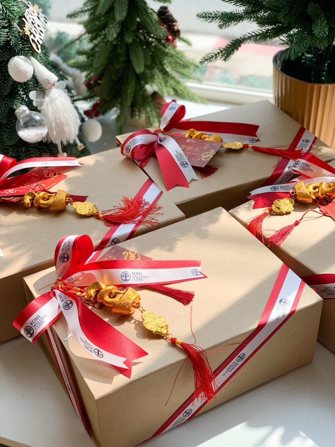 Chinese New Year gift boxes adorned with red and white ribbons, gold snake charms, and festive decorations, perfect for gifting.