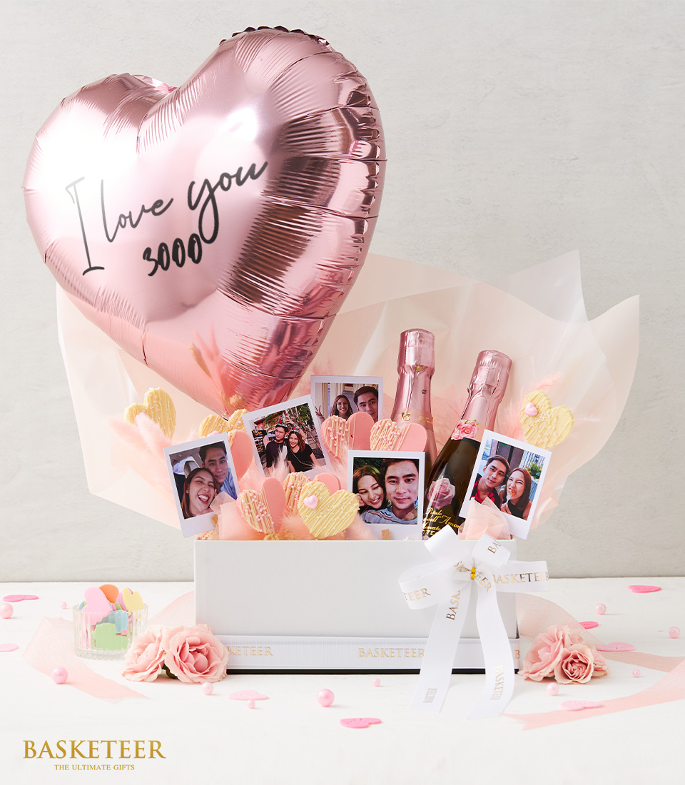 Pink Heart Shaped Balloon With Sweets Wine Gift Box Set