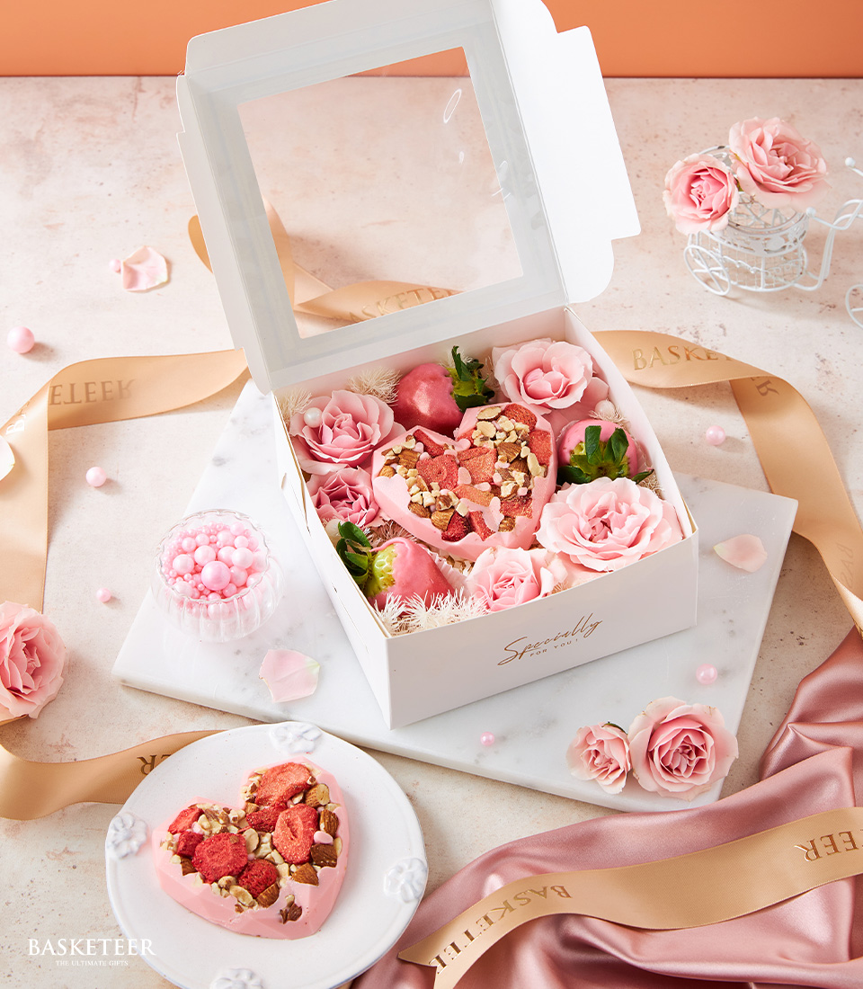Indulge in our Sweet Pink Heart Chocolate Set With Pink Roses, a delightful combination of chocolates and fresh roses, perfect for expressing love and affection.
