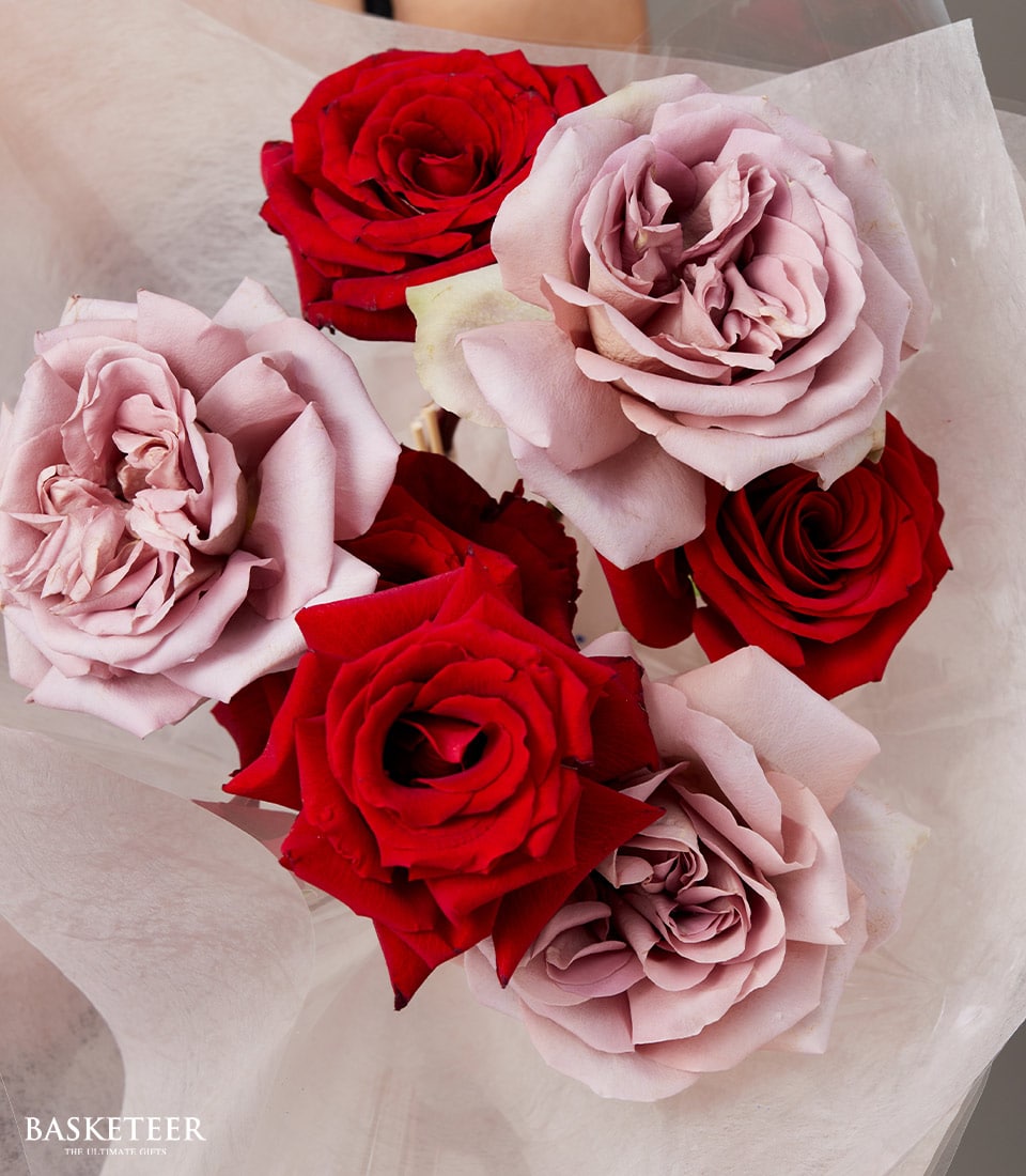 A lavish bouquet of six exquisite roses, elegantly wrapped in pristine white tissue paper. This enchanting floral arrangement features an equal mix of deep crimson and soft blush roses, creating a harmonious and romantic display. The sophisticated touch is unmistakably from Basketeer, proudly showcased by their logo adorning the bottom left corner of the scene.