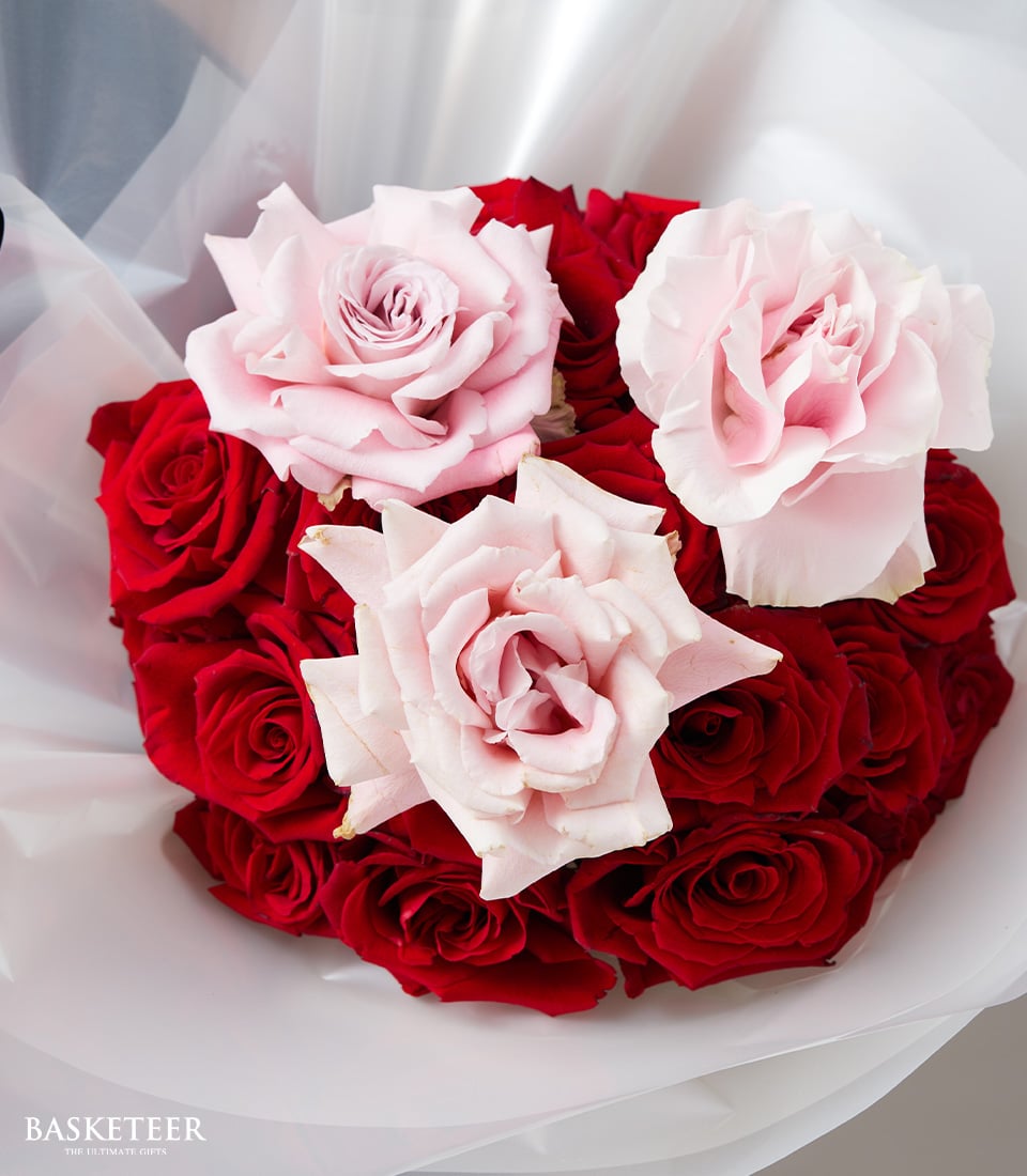 A lavish bouquet featuring a harmonious blend of sumptuous red and delicate light pink roses, artistically arranged in an elegant circular formation with the ethereal light pink roses gracing the top. The bouquet is luxuriously wrapped in pristine white translucent paper, exuding sophistication and charm. The prestigious 