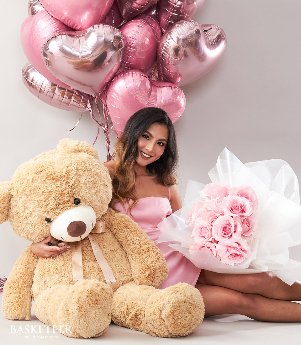 Pink Roses & Brown Teddy Bear With Pink Heart Balloons