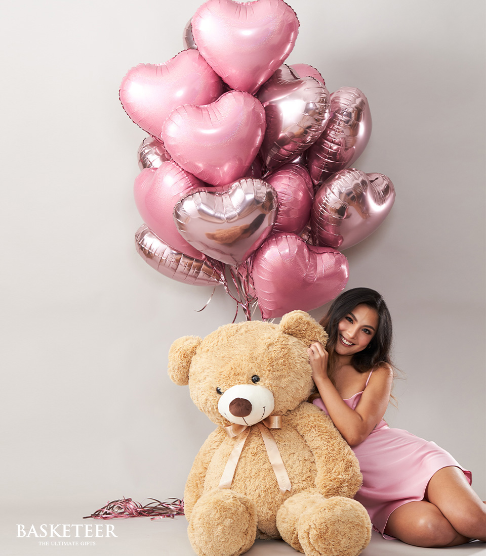Pink Heart Balloons & Teddy Hug Bear