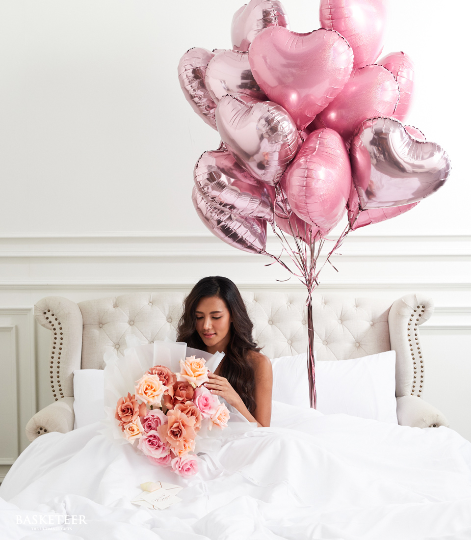 Sweet Pink Heart Balloons and Flowers Bouquet Combo Set