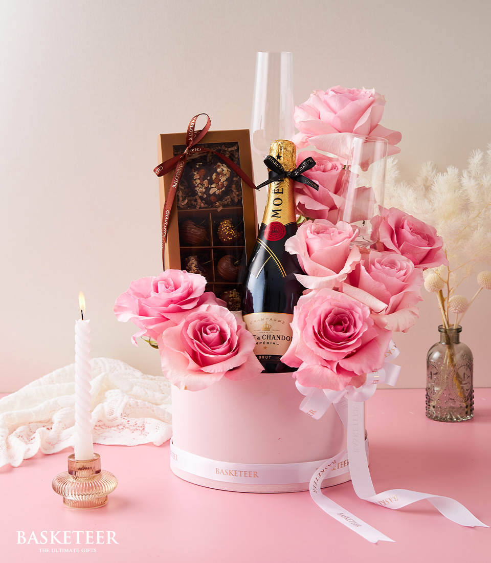 Moet & Chandon Imperial Brut Wine And Glass With Pink Flowers Gift In The Pink Box With a White a Bow, Valentine's day