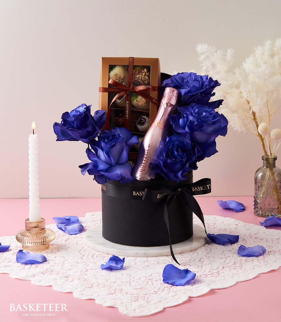 Explore our delightful collection of Romantic Blue Roses and Wine, perfect for special occasions and celebrations