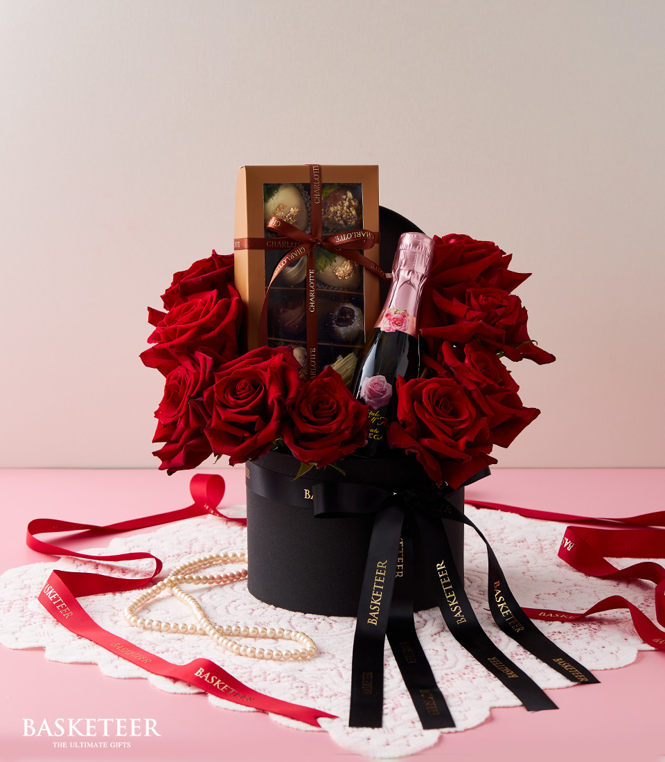 Valentine's day Bottega Moscato Wine With Red Explorer Roses and Chocolate-Covered Strawberries In The Black Box With a Black Bow