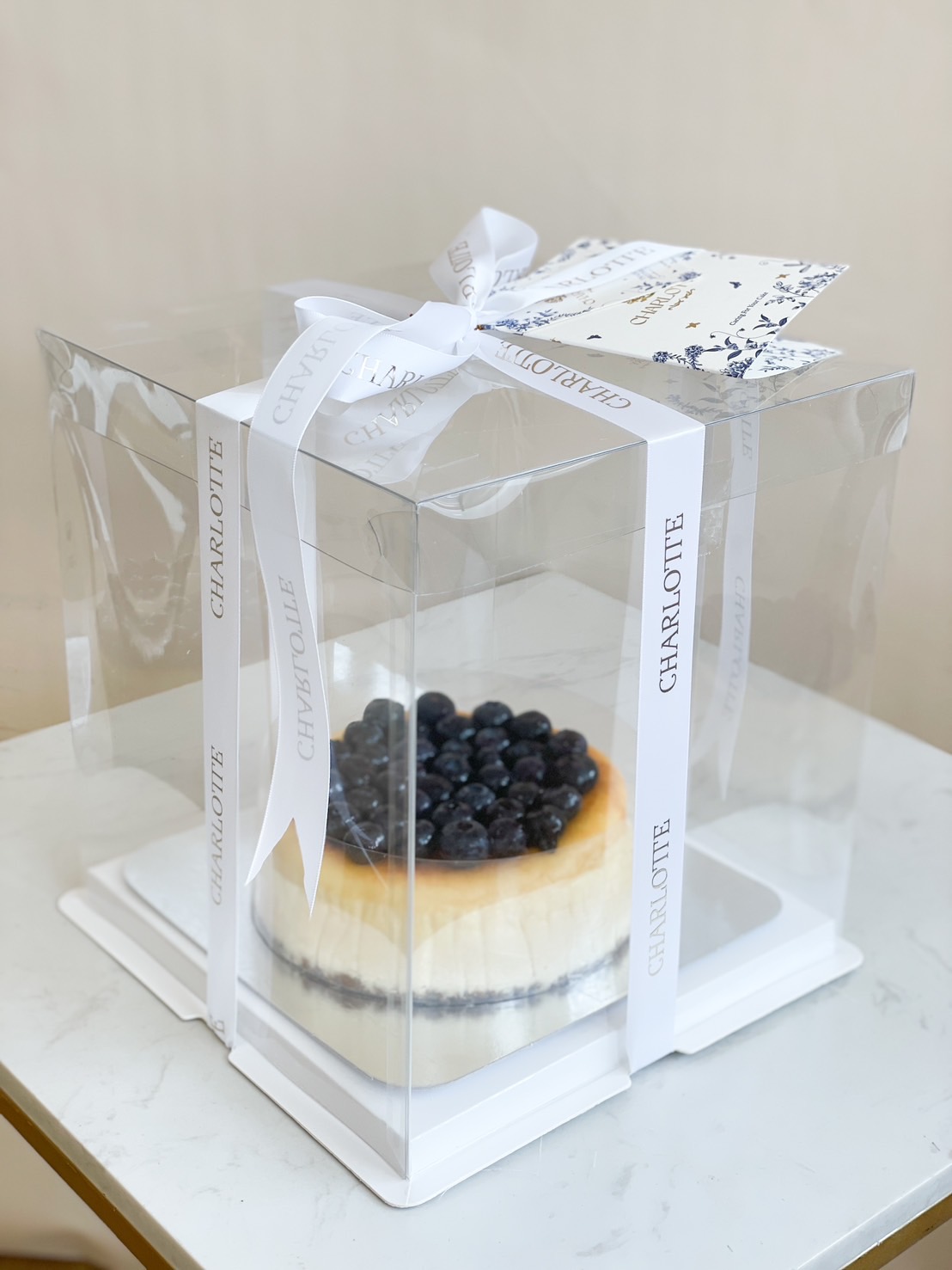 Luxury Blueberry Cheesecake in a Transparent Gift Box with Satin Ribbon