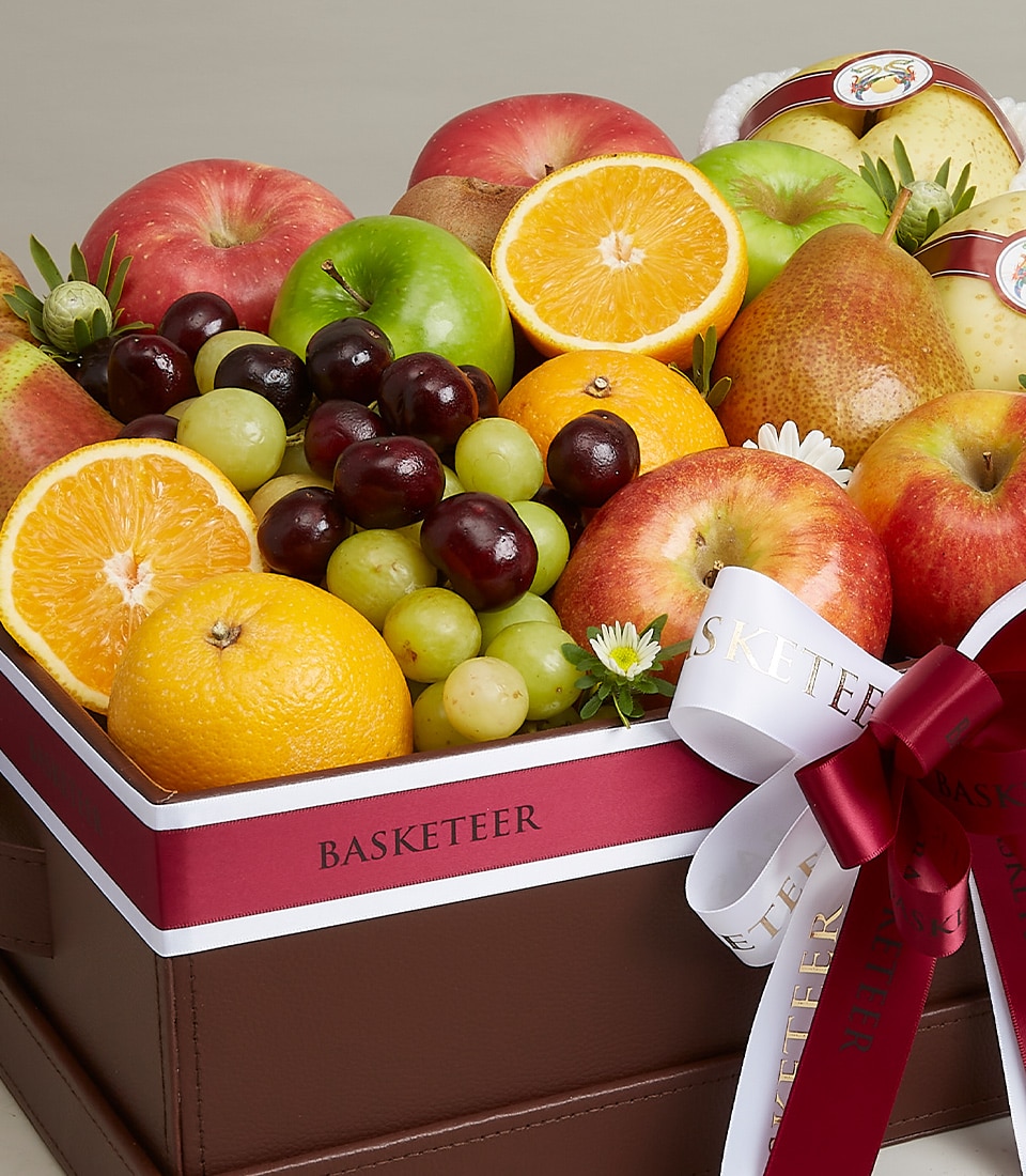 A luxurious fruit box hamper labeled 