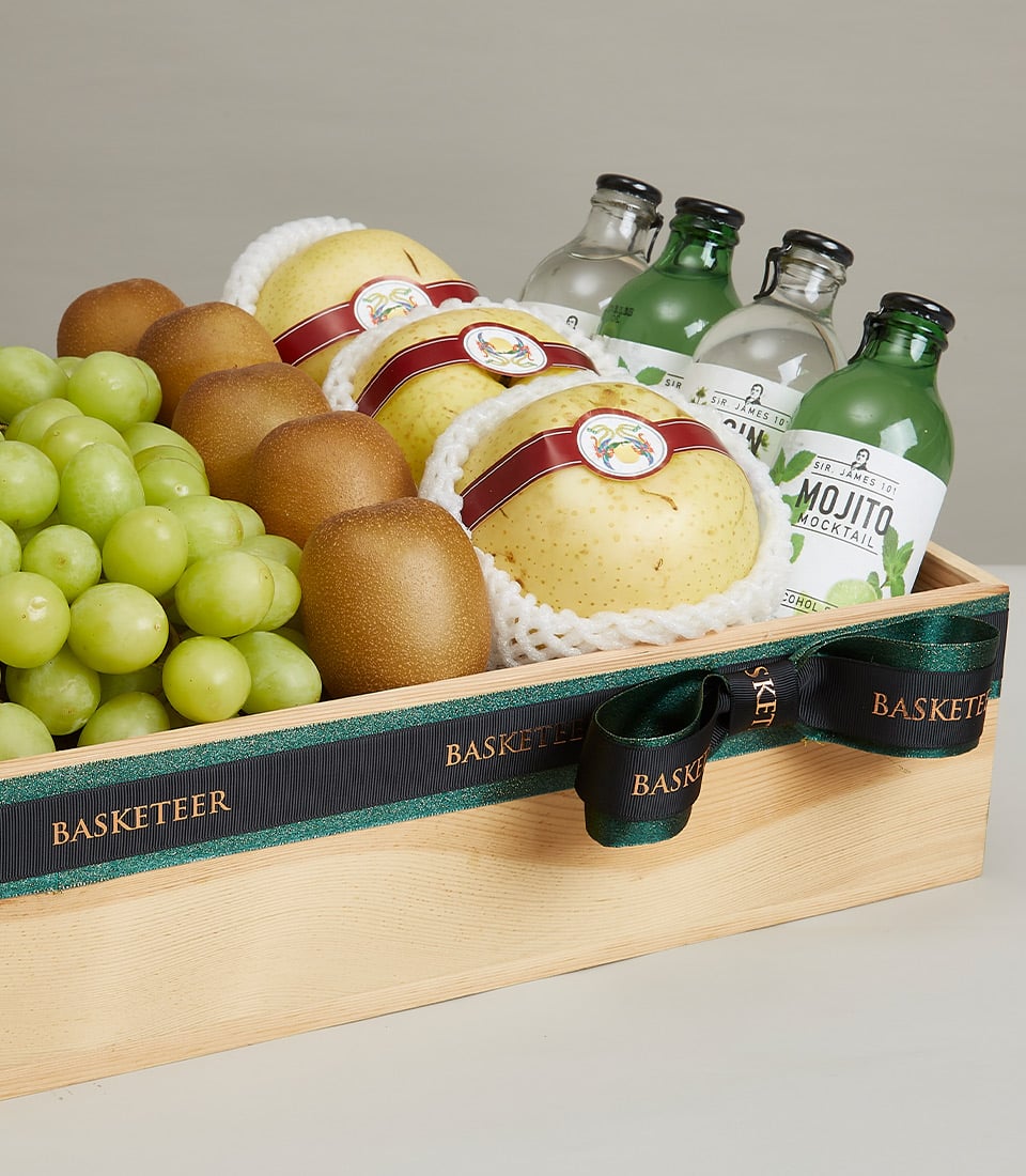 A luxurious wooden gift box adorned with a sophisticated black and green bow, proudly showcasing the 