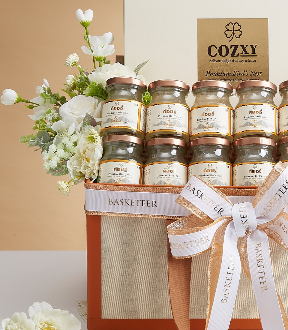 A lavish gift basket, elegantly labeled 