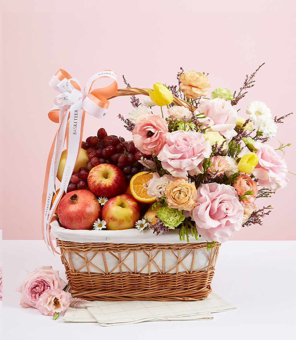 Bright Blooming Flowers & Fruit Basket