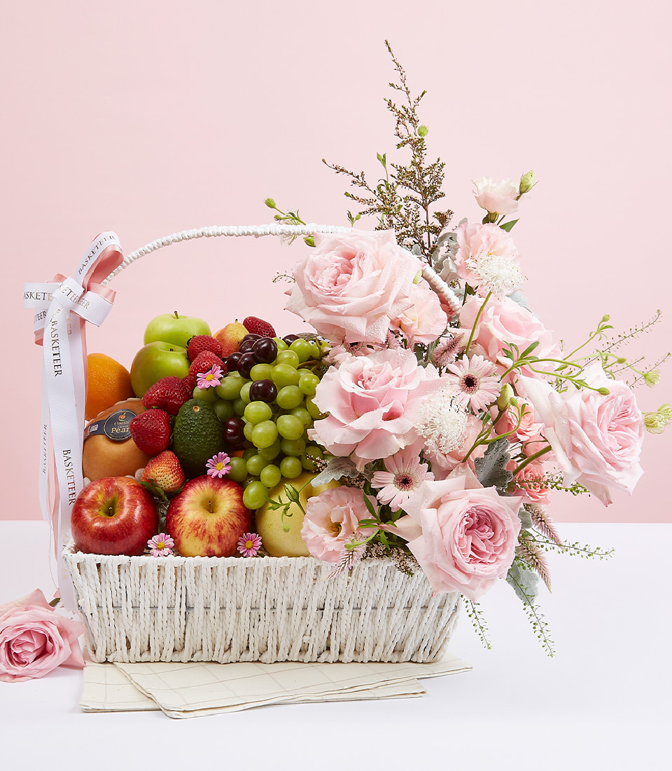 Fresh Fruit & Pink Rose Gift Baskets