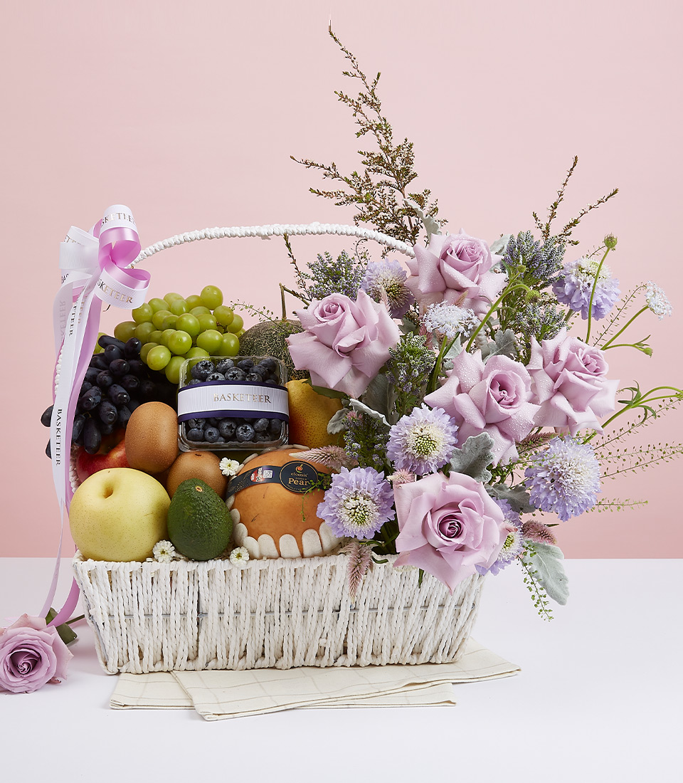 Premium Fruit & Purple Tone Flower Gift Baskets
