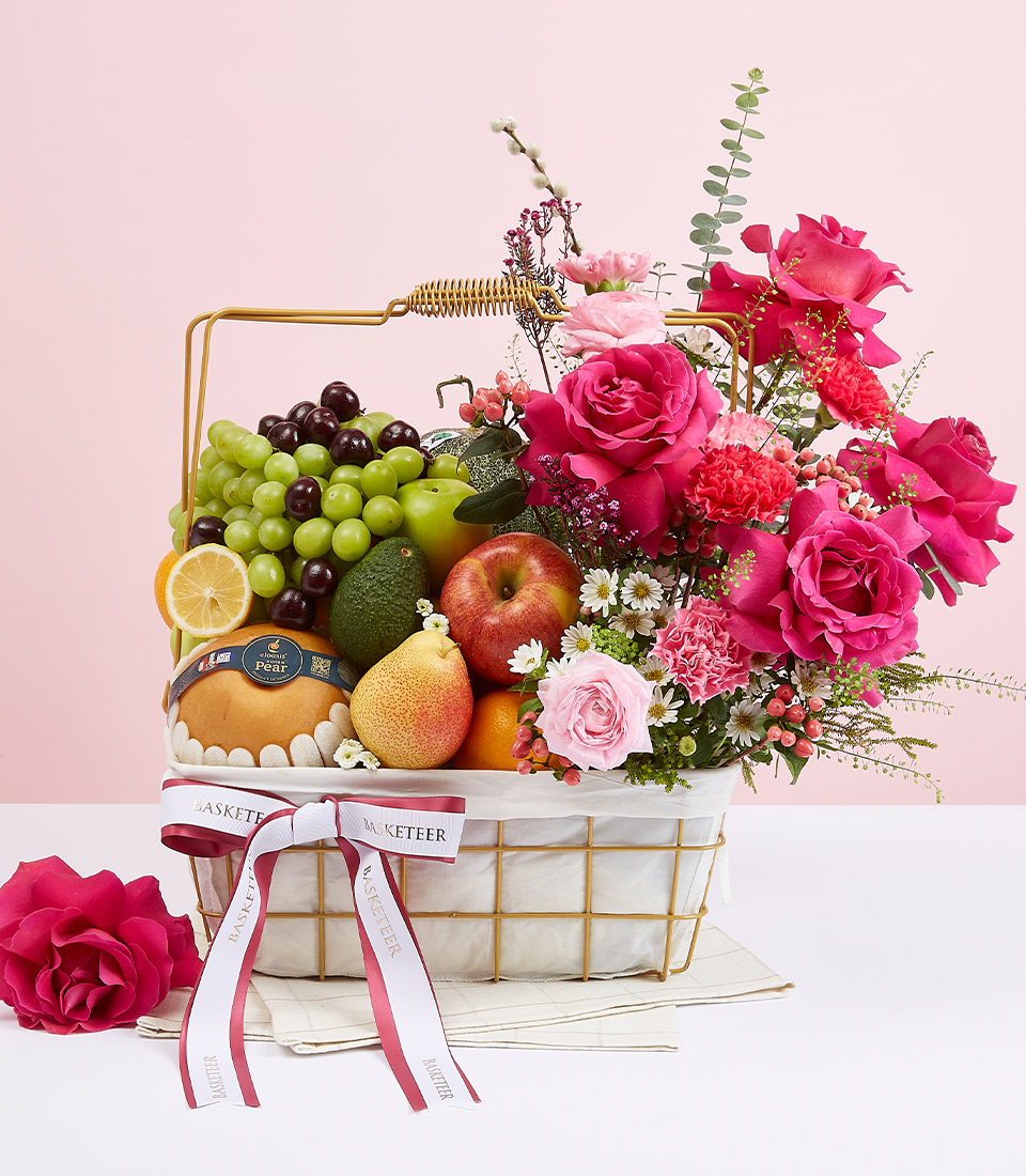Premium Fruit & Fuchsia Pink Rose Gift Baskets