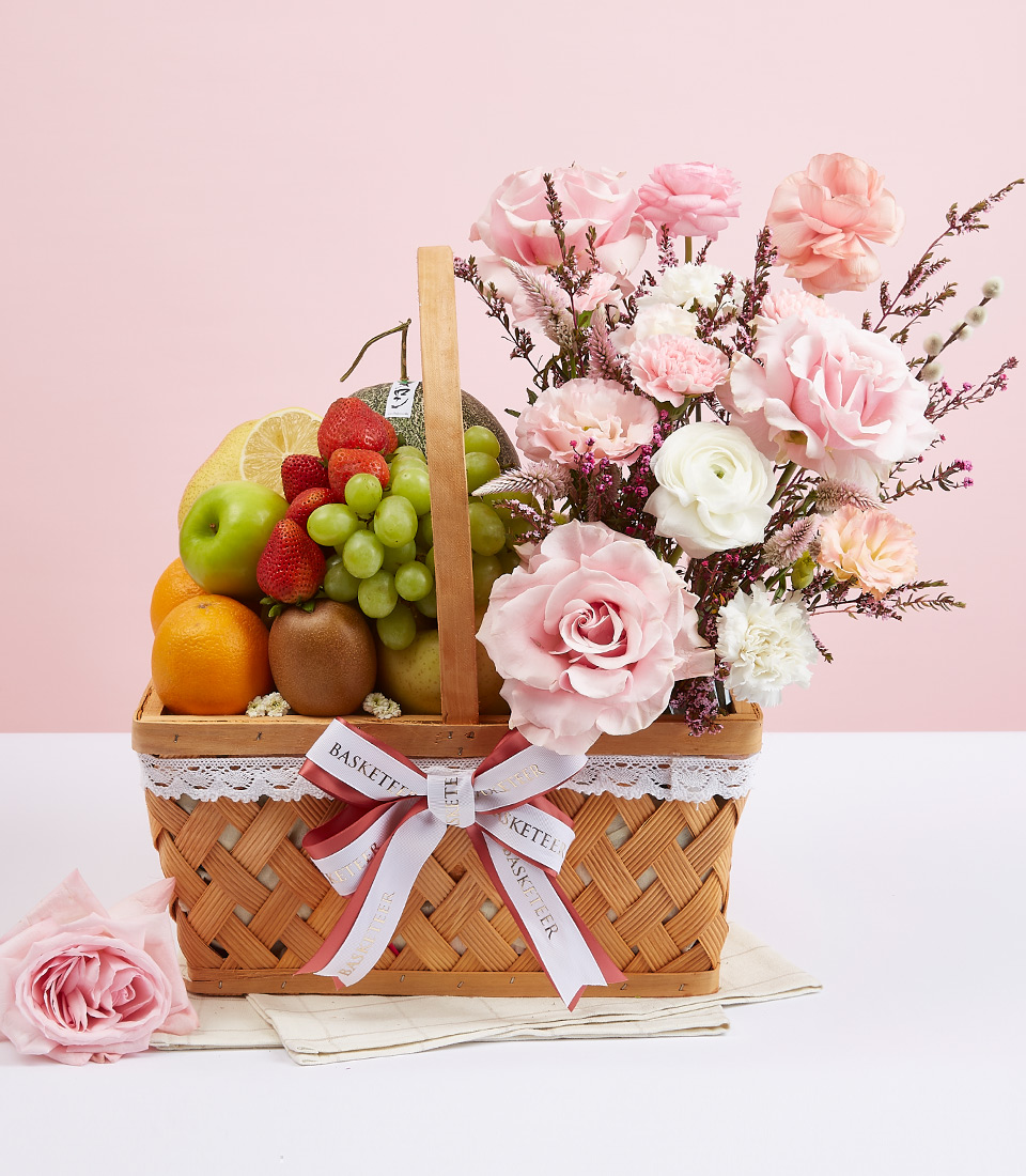 Premium Fruit & Pink Tone Flower Gift Baskets