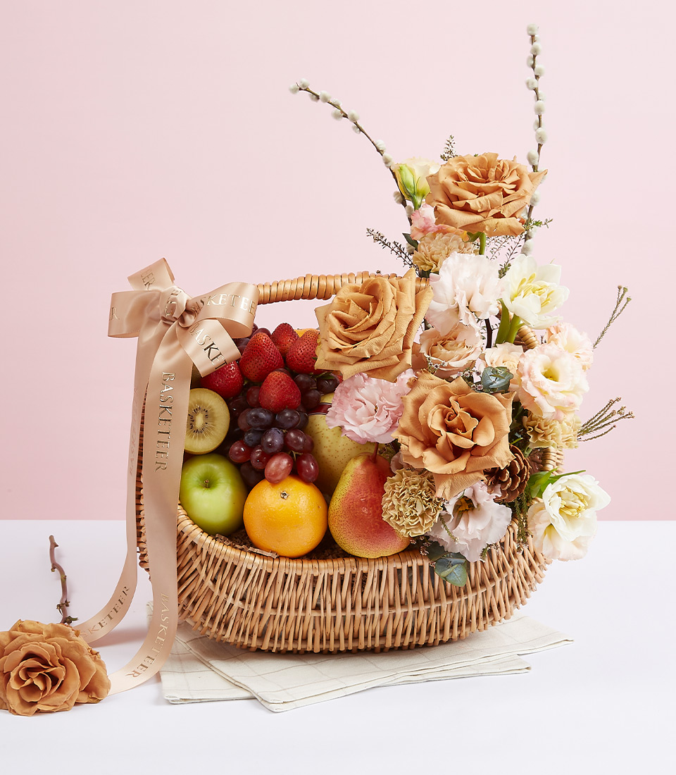 Fresh Fruit & Warm Brown Flowers Gift Basket