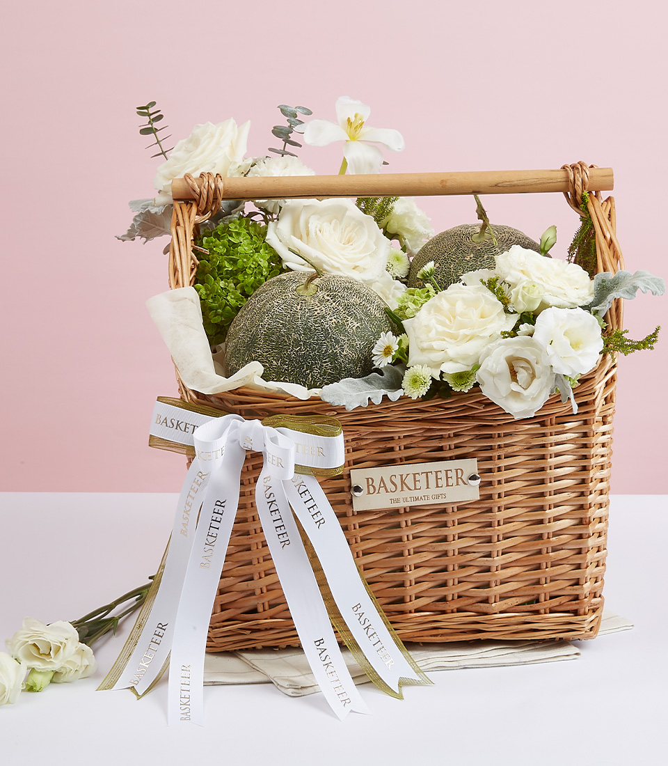 Fresh Fruit & White Tone Flower Gift Basket