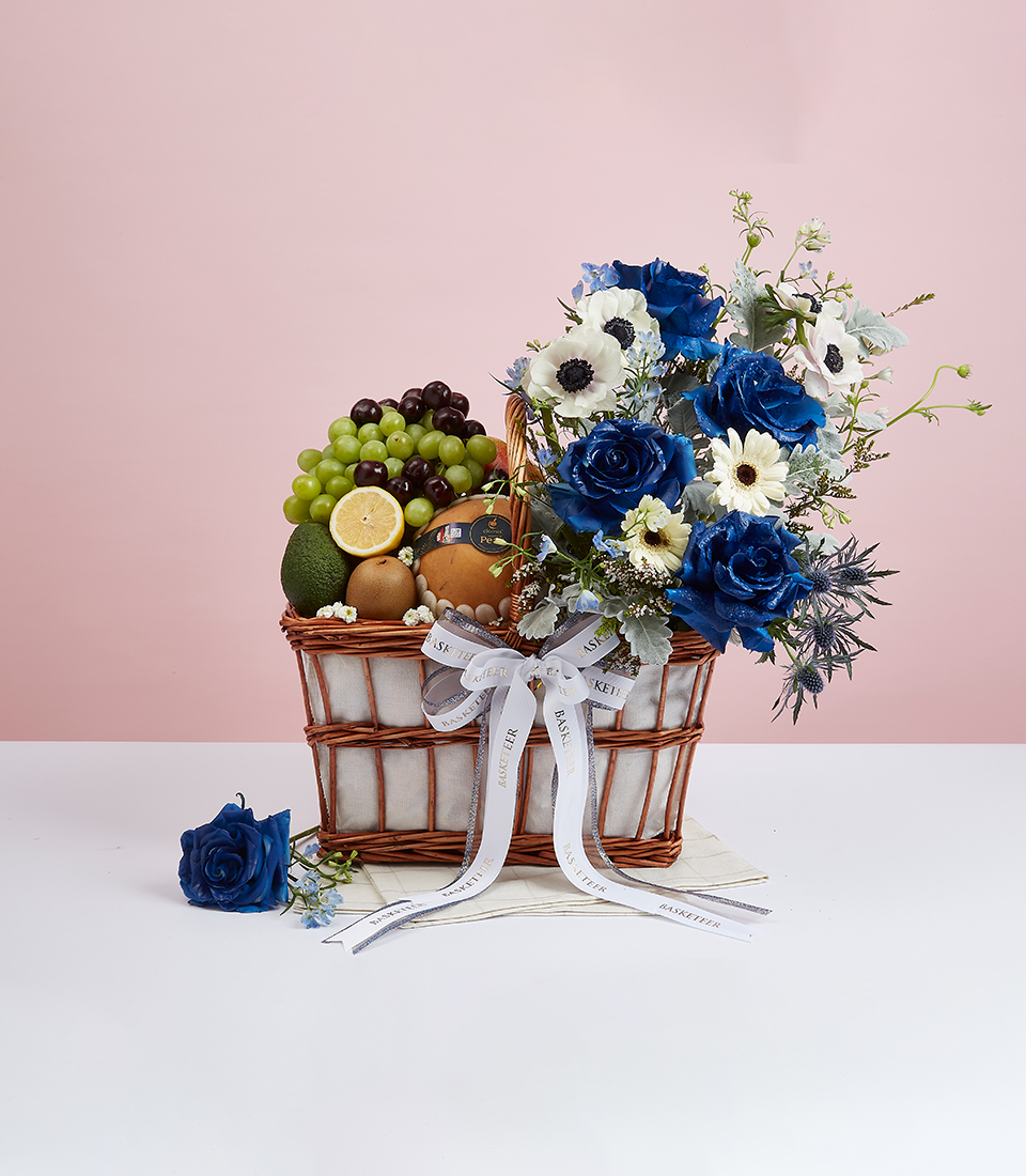 Fresh Fruit & Blue Tone Flower Gift Baskets