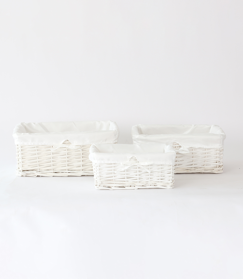 Explore our range of white wicker baskets with fabric lining, perfect for organizing your home. These empty baskets offer versatile storage solutions without handles.