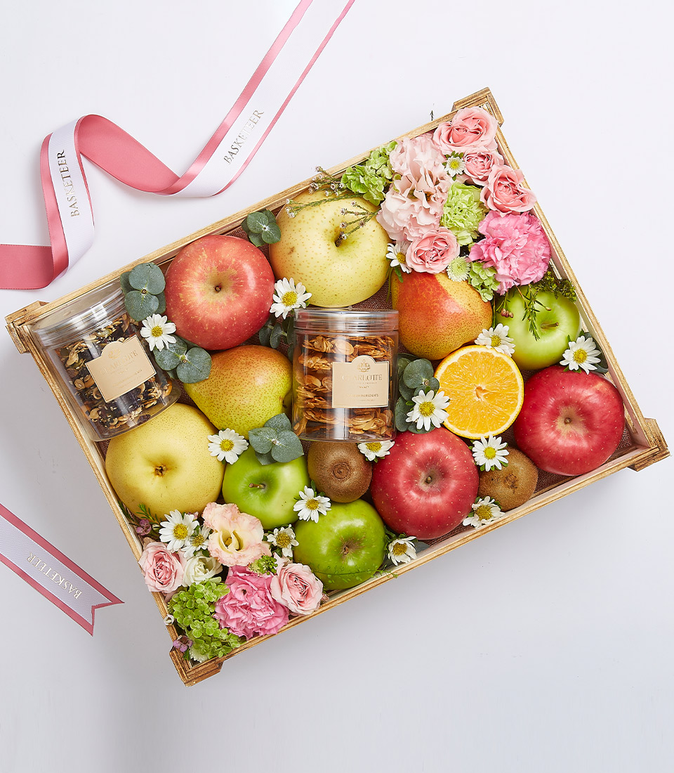 Mixed Nuts With Fresh Fruits And Flowers In The Wood Box