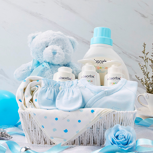 New Baby Gift Basket with Blue Teddy and Clothes.