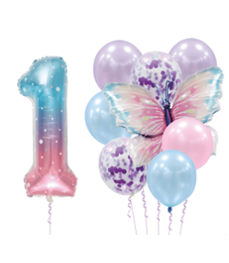 A lavish balloon arrangement highlights a striking number 1 balloon adorned with a mesmerizing gradient of pink and blue hues. Encircling it are an array of elegant balloons in shades of purple, blue, and pink, including an enchanting transparent balloon filled with delicate purple confetti. Adding a whimsical touch is a beautifully sculpted butterfly-shaped balloon. Nestled within the scene is the prestigious Basketeer ribbon and logo, adding an exquisite finishing touch to this luxurious display.