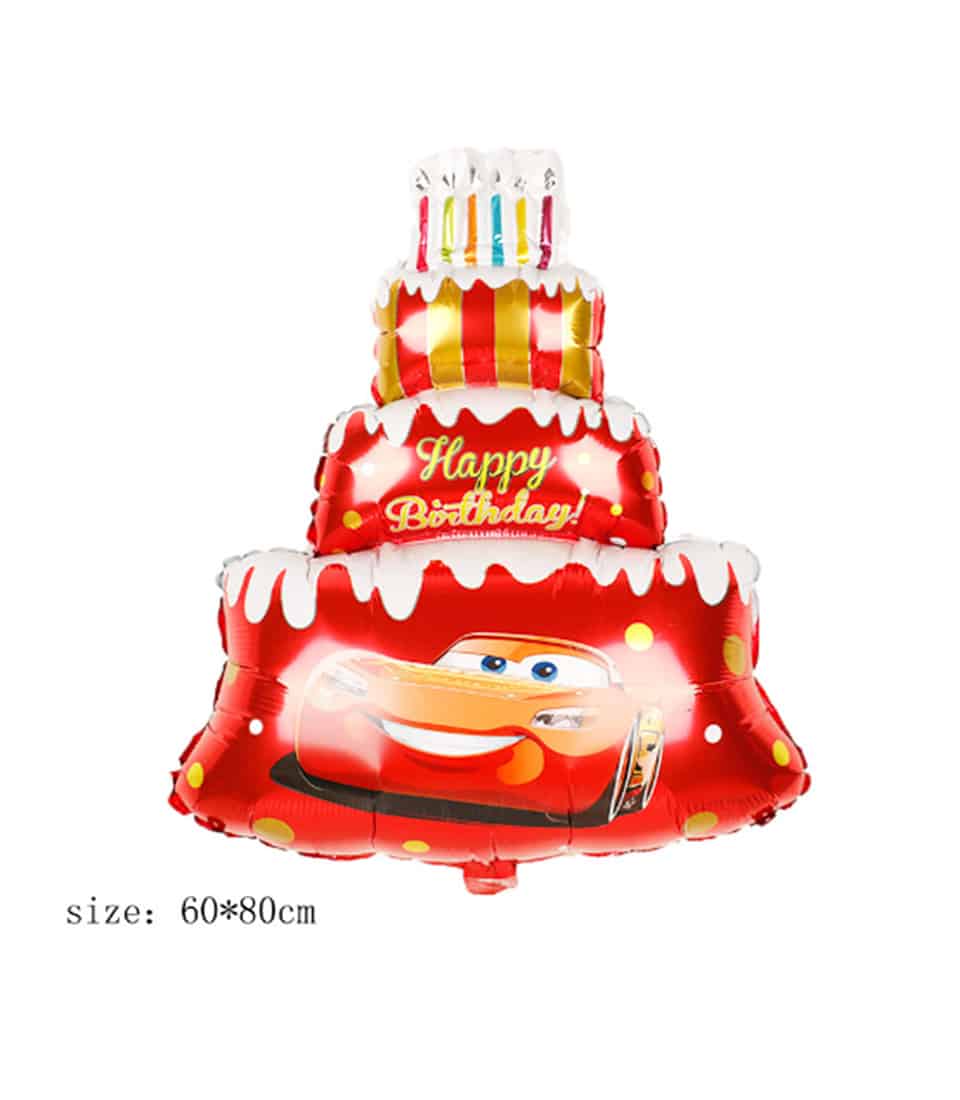 A luxurious red and white foil balloon elegantly designed to resemble a birthday cake, adorned with 