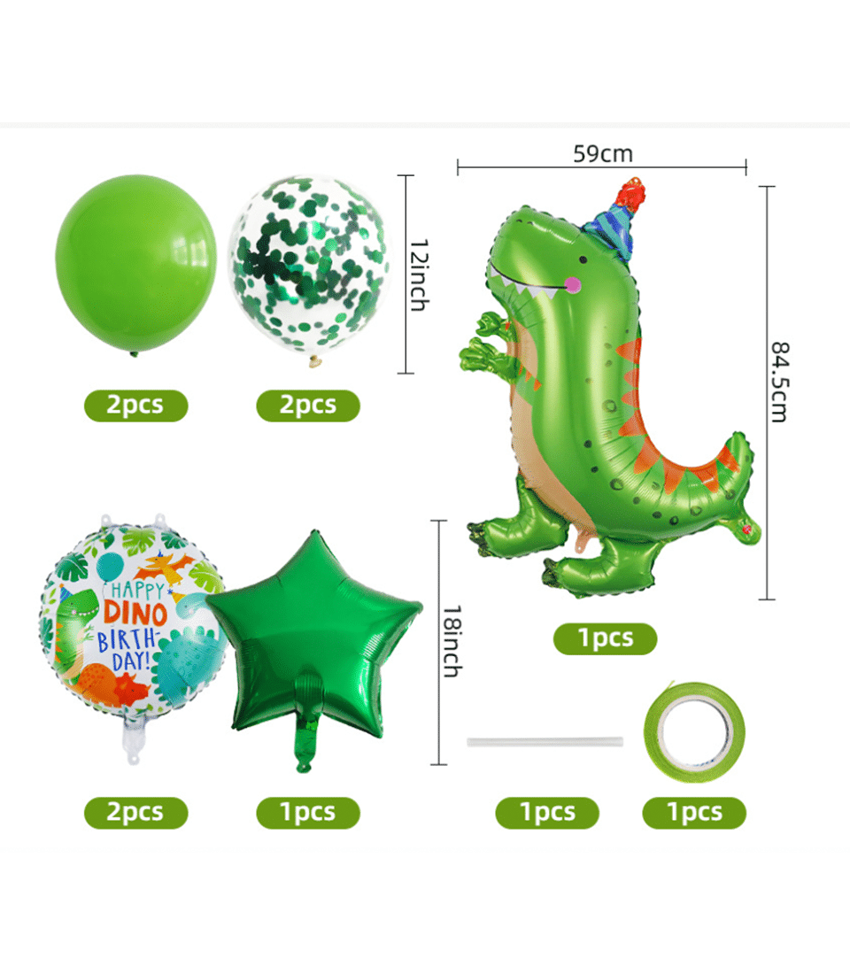 Alt text: An opulent birthday decoration set by Basketeer, showcasing an enchanting large green dinosaur balloon adorned with a festive party hat. This luxurious collection features two elegant green balloons, two sophisticated green confetti-filled balloons adding a touch of sparkle, and a whimsically scripted 