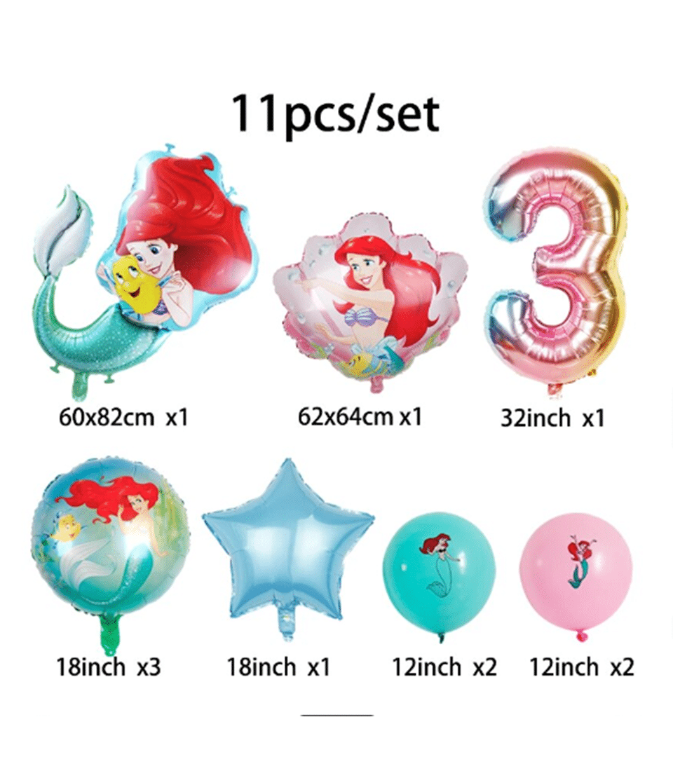 A luxurious ensemble of 11 exquisite balloons themed around an enchanting mermaid princess character by Basketeer. This enchanting set features a stunning 60x82cm mermaid balloon, a captivating 62x64cm underwater mermaid scene, and a radiant pink number '3' at an impressive 32 inches. Accompanying these are two charming 18-inch round mermaid balloons, one elegant blue star balloon measuring 18 inches, three delightful 12-inch round mermaid balloons, and two sophisticated pastel pink balloons at 12 inches each. The entire collection comes beautifully packaged with the prestigious Basketeer logo adorning delicate ribbons and a bespoke presentation box, promising to transform any occasion into a magical celebration filled with luxury and whimsy.