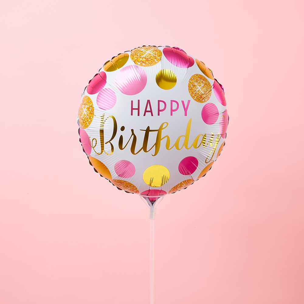 White With Gold Polka Dots & Pink Birthday Balloon Air